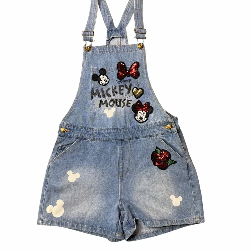 Disney Women’s Blue Overalls with Mickey Mouse Sequin Patches - Picture 1 of 8